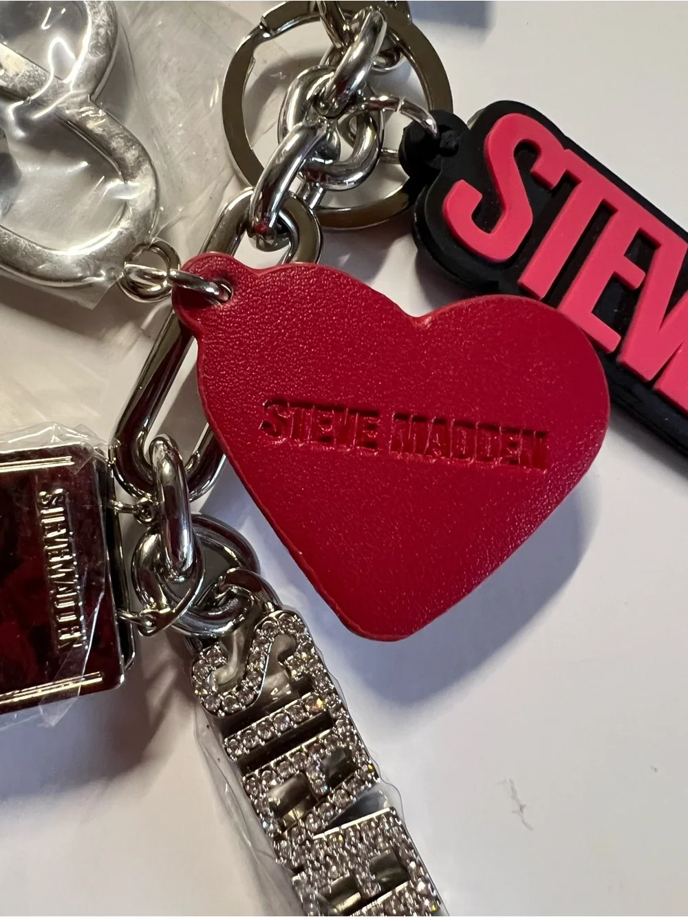 Steve Madden Red and Silver Logo Heart Keychain